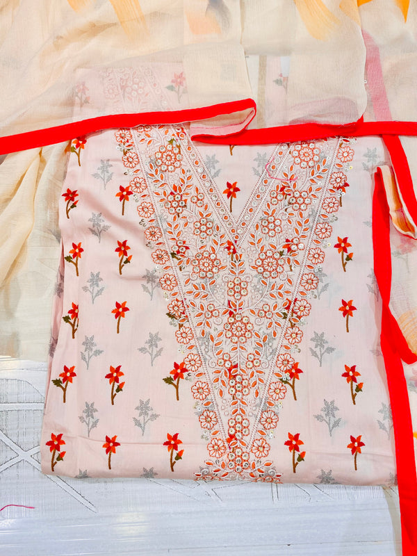 Designer Embroidered Suit Length 3 Piece Peach Mal Cotton