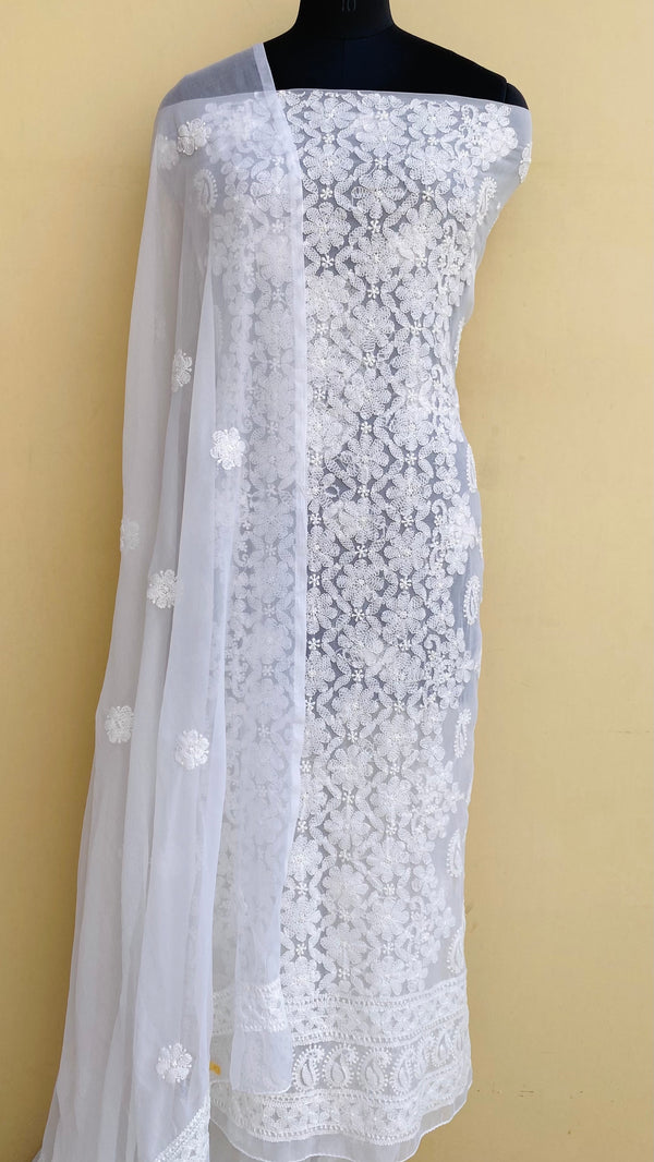 Lucknowi Chikankari Suit Length 3 Piece White Georgette