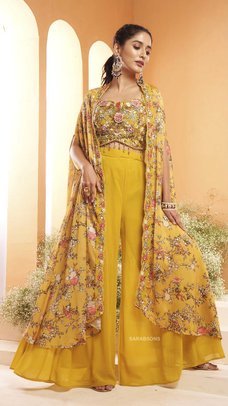 Yellow Indowestern Crop Top Palazzo with Cape Set