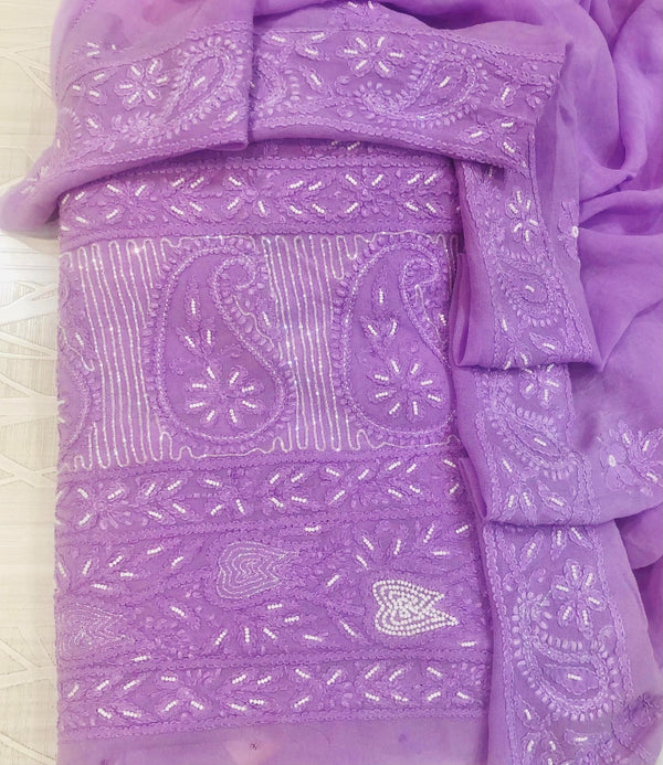 Lucknowi Chikankari Suit Length 2 Piece Purple Pure Georgette