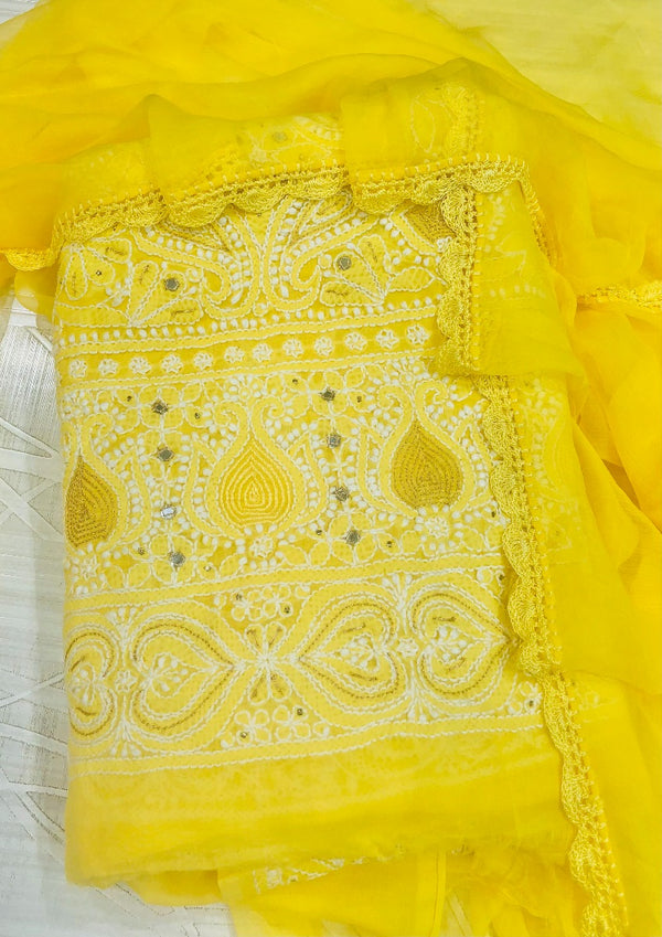 Lucknowi Chikankari Suit Length 3 Piece Yellow Cotton
