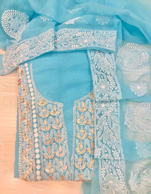 Lucknowi Chikankari Suit Length 3 Piece Blue Faux Georgette