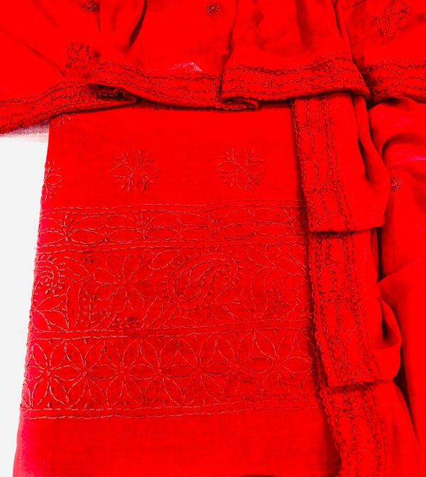 Lucknowi Chikankari Suit Length 3 Piece Red Cotton