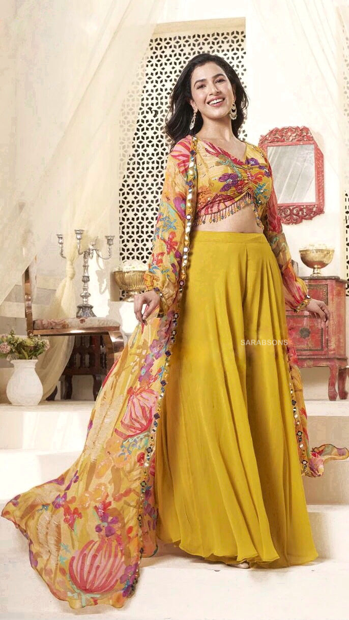 Yellow Palazzo Crop Top Dress Long Shrug Dress Yellow Palazzo Pant