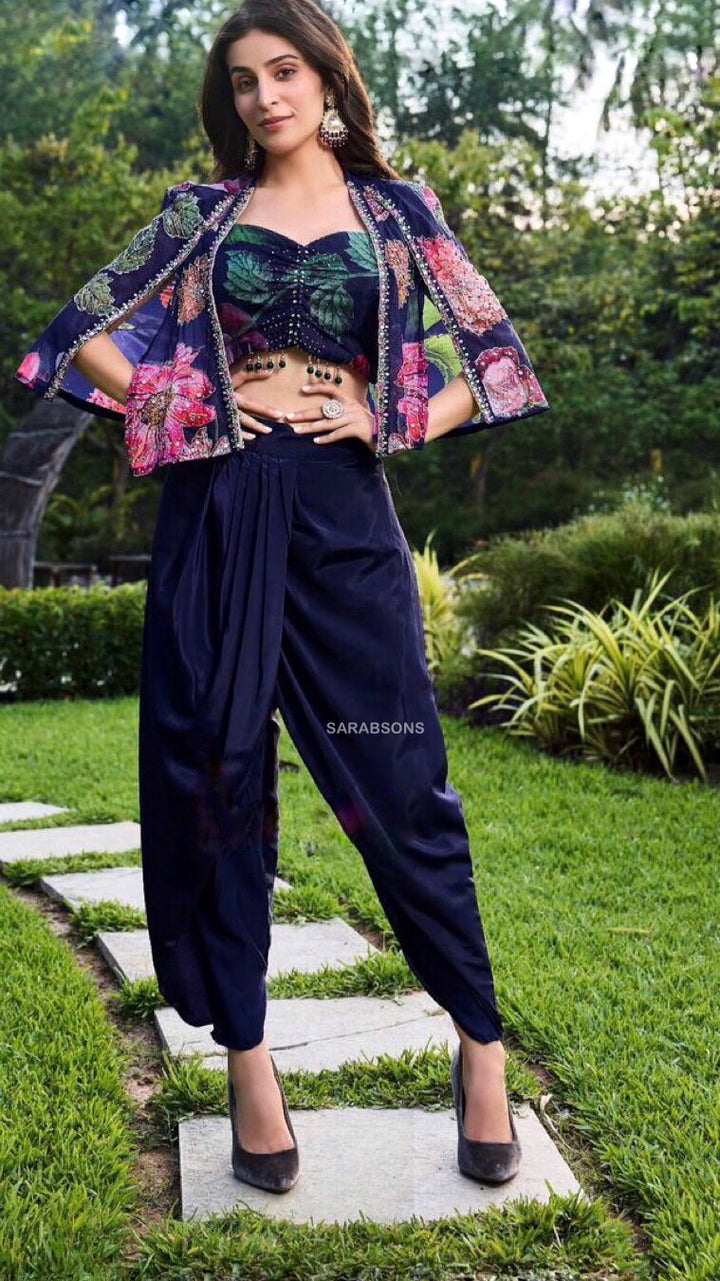 Indowestern Crop Top Tulip Pants and Cape Set