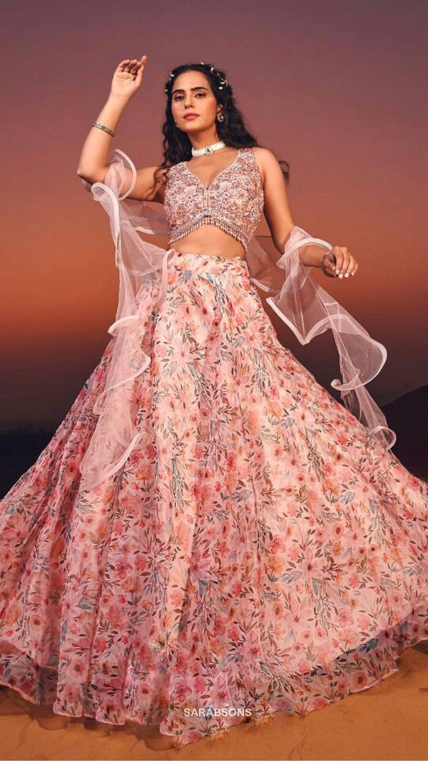 Pink Floral Print Organza Crop Top Lehenga with Ruffle Dupatta 