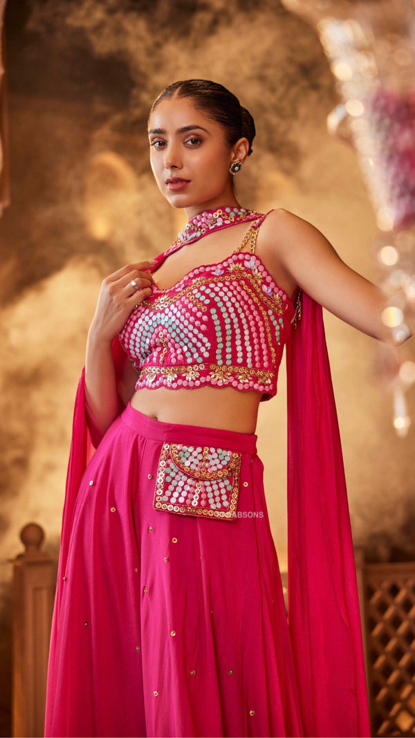 Pink Indowestern Strappy Crop Top Palazzo with Choker Dupatta Set