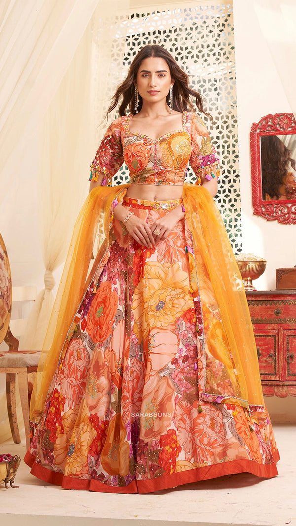 Orange Printed Crop Top Lehenga