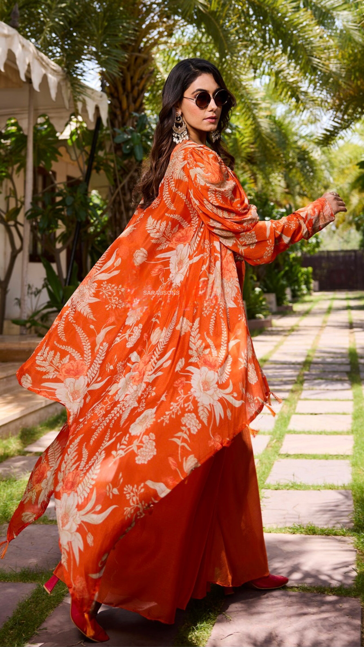 Orange Indowestern Spaghetti Strap Crop Top Palazzo with Cowl Sleeves Shrug Set