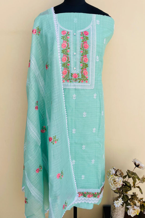 Chikankari Embroidered Suit Length 3 Piece Sea Green  Linen Cotton With Parsi Work