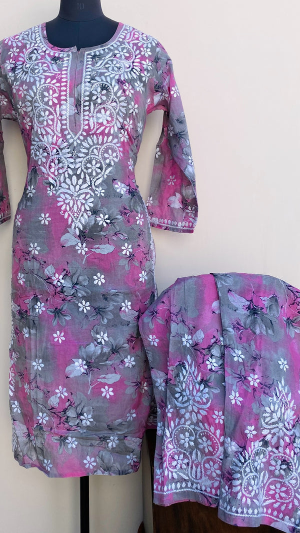 Lucknowi Chikankari Printed Co-ord Set Gray Mulmul Cotton