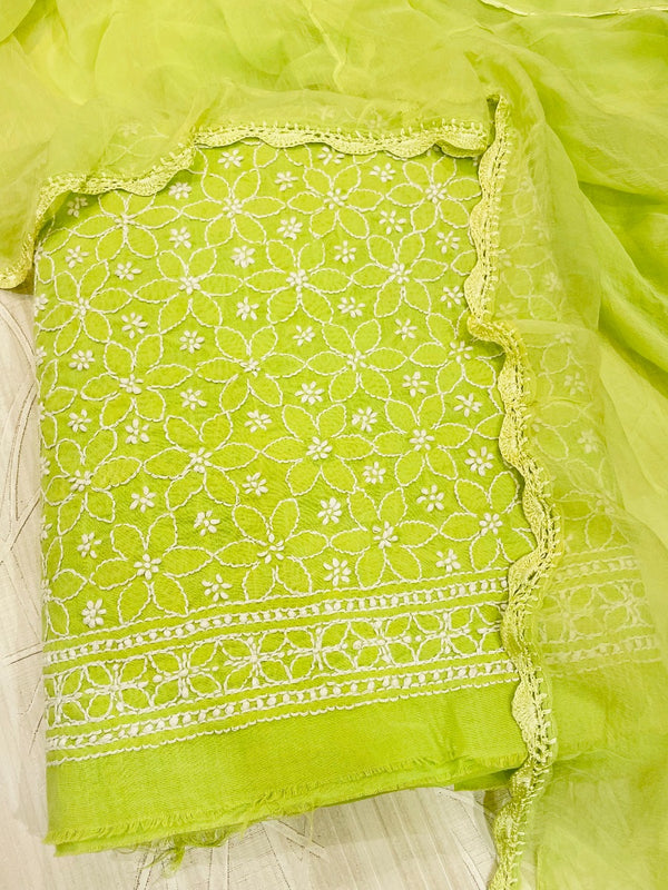 Lucknowi Chikankari Suit Length 3 Piece Green Cotton