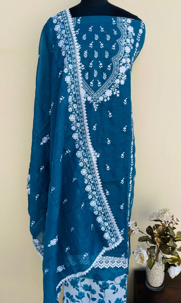 Chikankari Embroidered Suit Length 3 Piece Blue Linen Cotton