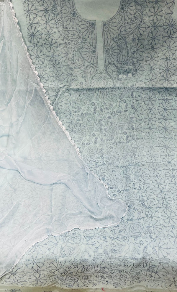 Lucknowi Chikankari Suit Length 3 Piece Gray Cotton