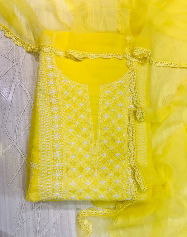 Lucknowi Chikankari Suit Length 3 Piece Yellow Cotton