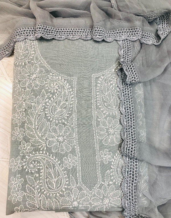 Lucknowi Chikankari Suit Length 3 Piece Gray Cotton