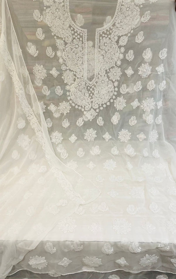 Lucknowi Chikankari Hand Work Suit Length 3 Piece White Georgette