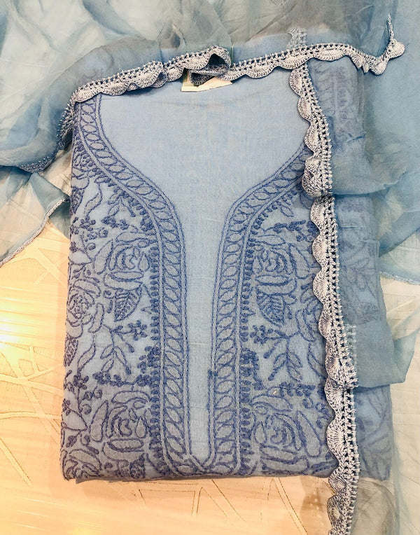 Lucknowi Chikankari Suit Length 3 Piece Blue Cotton