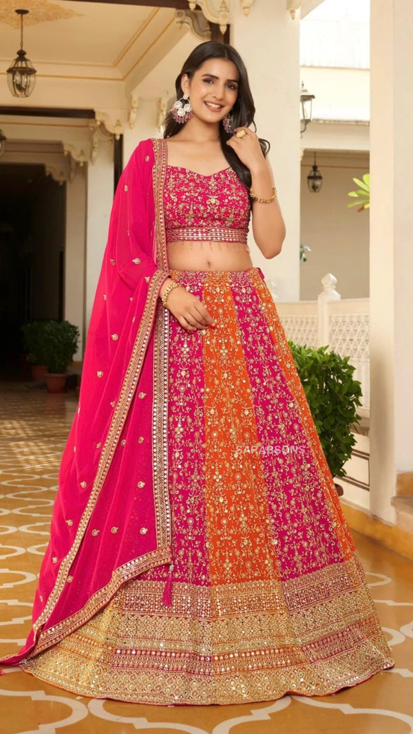 Pink Spaghetti Strap Crop Top Lehenga