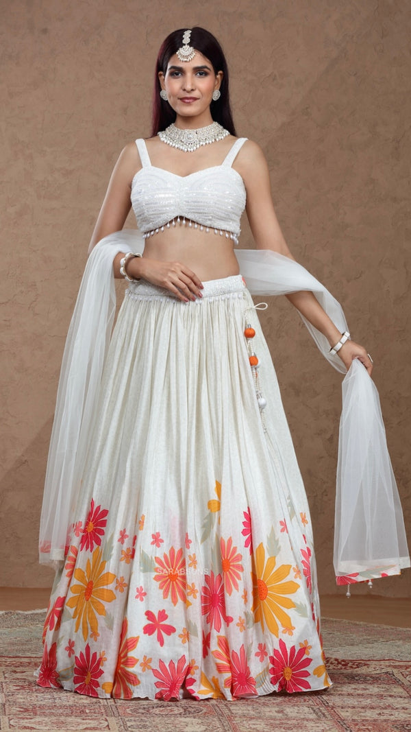 White Indowestern Spaghetti Strap Crop Top Lehenga