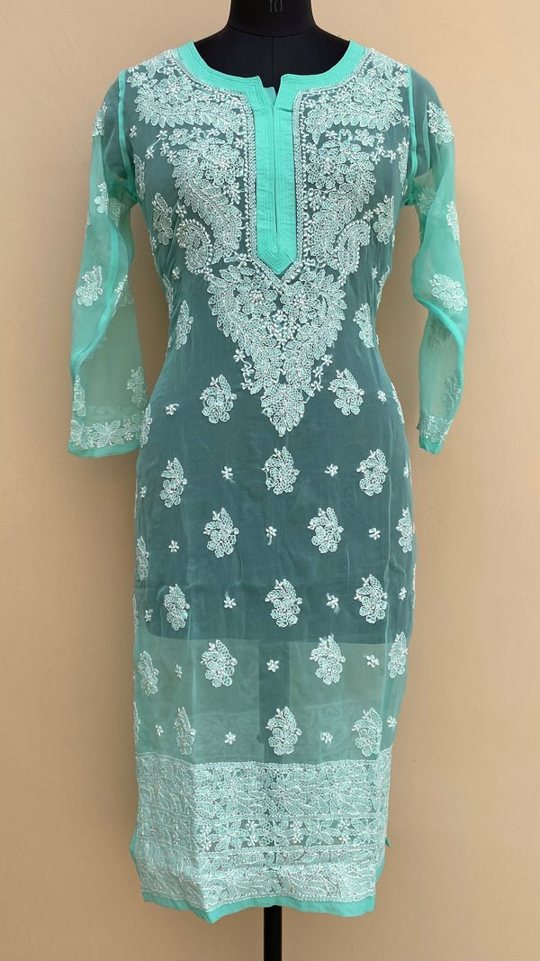 Lucknowi Chikankari Kurti Sea Green Faux Georgette