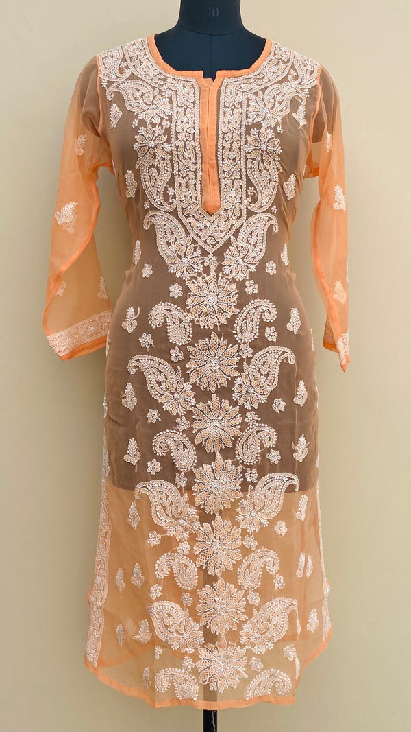 Lucknowi Chikankari Kurti Orange Faux Georgette