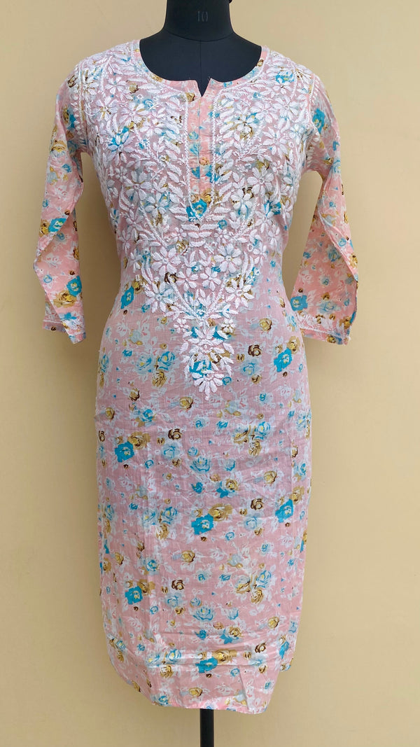 Lucknowi Chikankari Kurti Printed Pink Mulmul Cotton