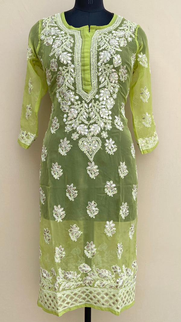 Lucknowi Chikankari Kurti Green Faux Georgette With Gotta Patti Work