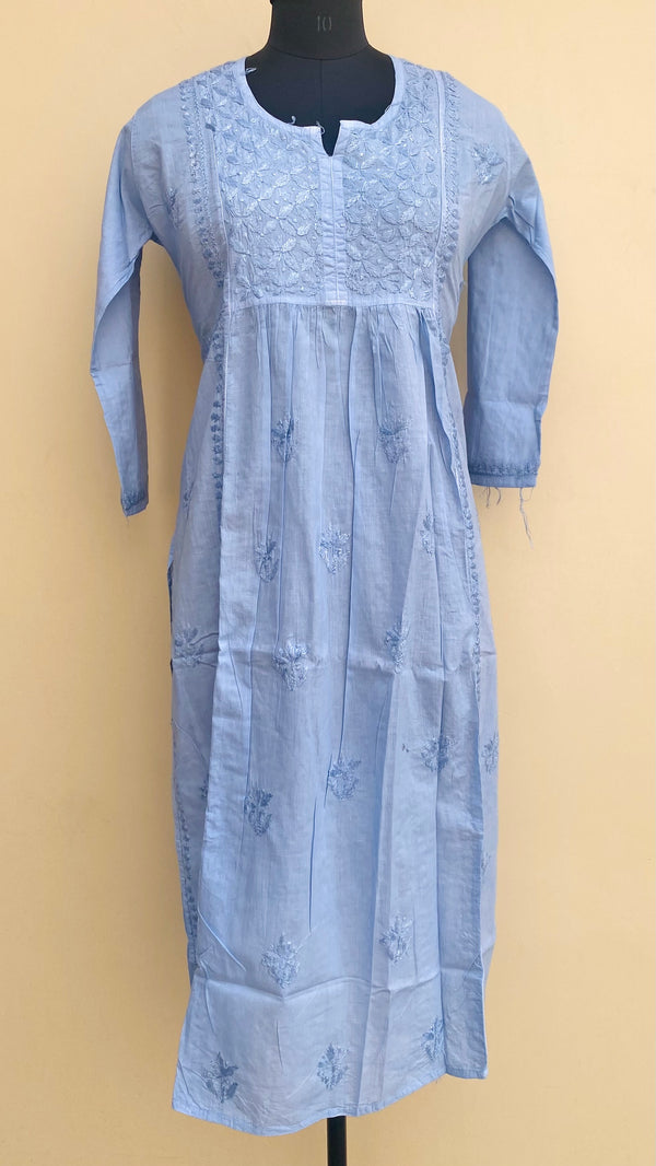 Lucknowi Chikankari Kurti Blue Soft Mulmul Cotton With Self 3D Work