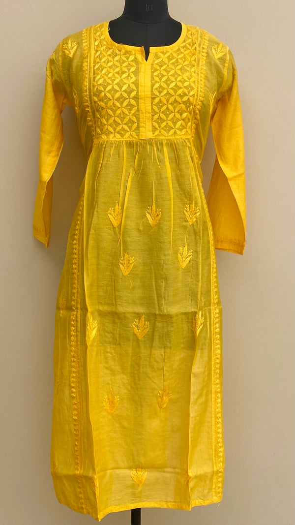 Lucknowi Chikankari Kurti Yellow Soft Mulmul Cotton With Self 3D Work
