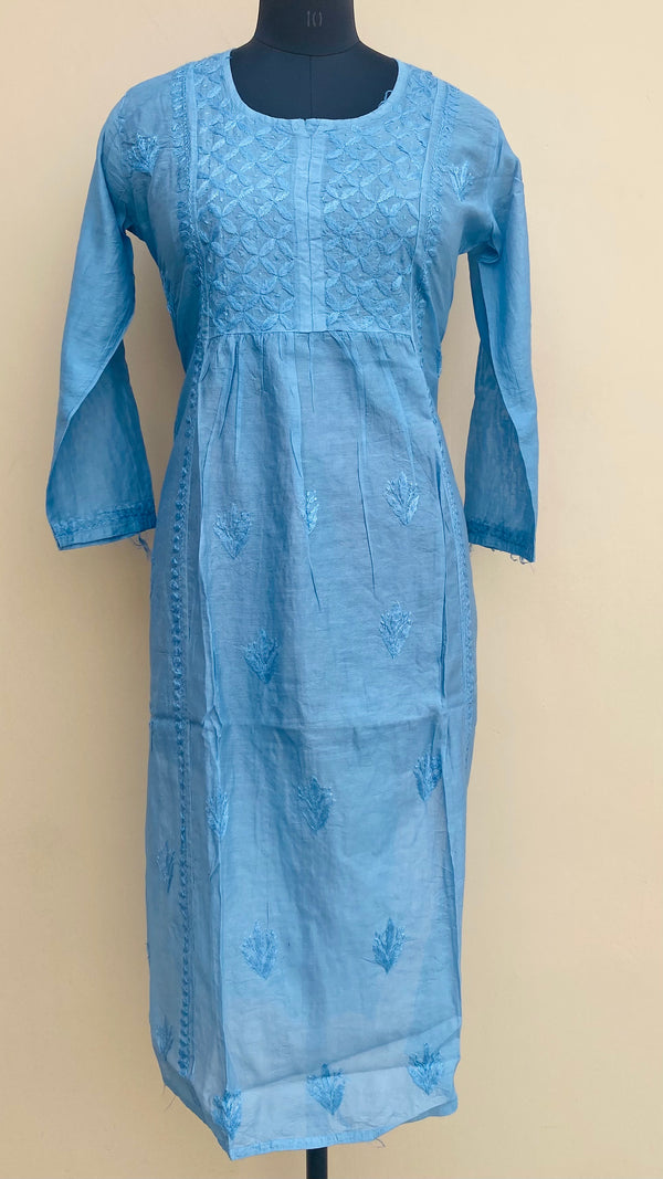 Lucknowi Chikankari Kurti Blue Soft Mulmul Cotton With Self 3D Work