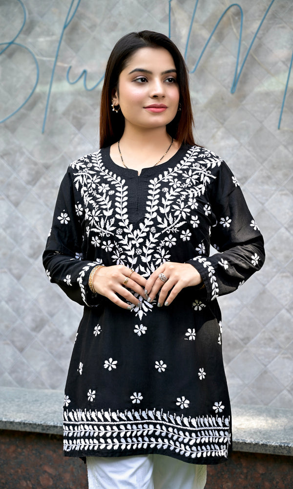 Lucknowi Chikankari Short Kurti Black Muslin Cotton