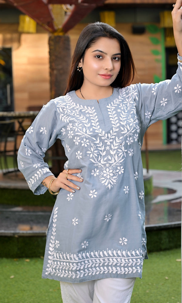 Lucknowi Chikankari Short Kurti Gray Muslin Cotton