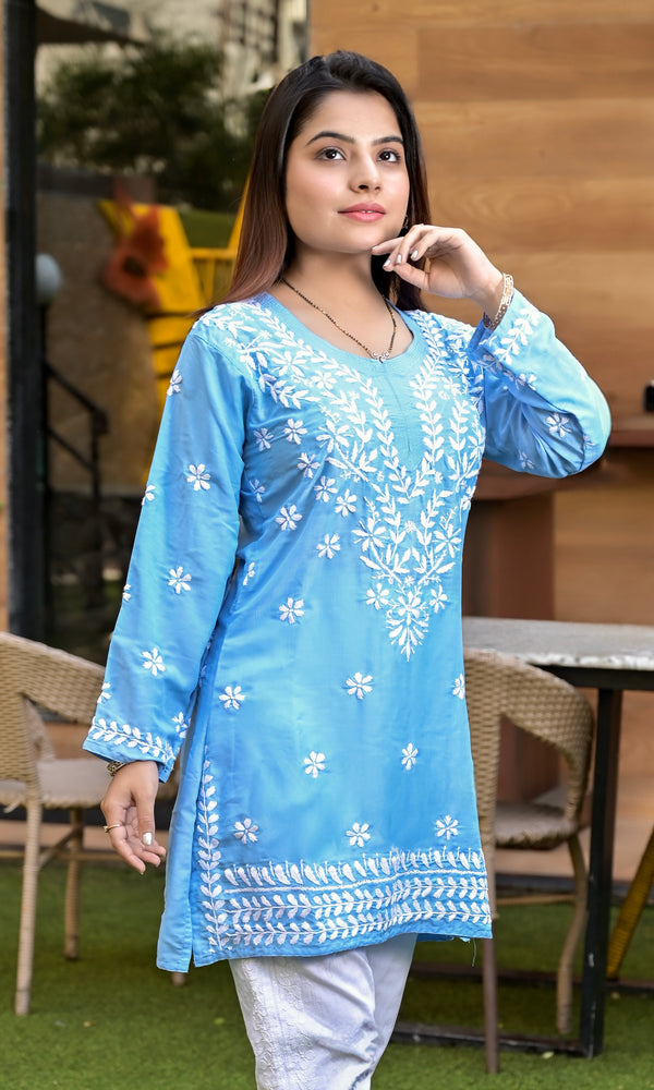 Lucknowi Chikankari Short Kurti Blue Muslin Cotton