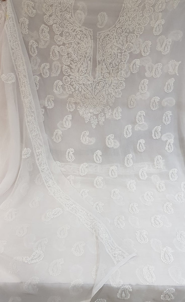 Lucknowi Chikankari Hand Embroidered Suit Length 3 piece White Faux Georgette - 2SFXR