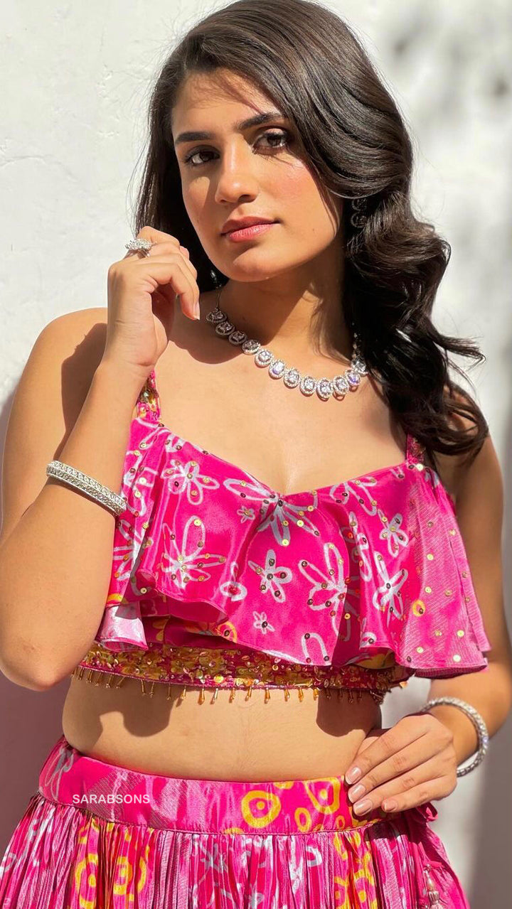 Pink Indo-Western Spaghetti Strap Crop Top Lehenga Set