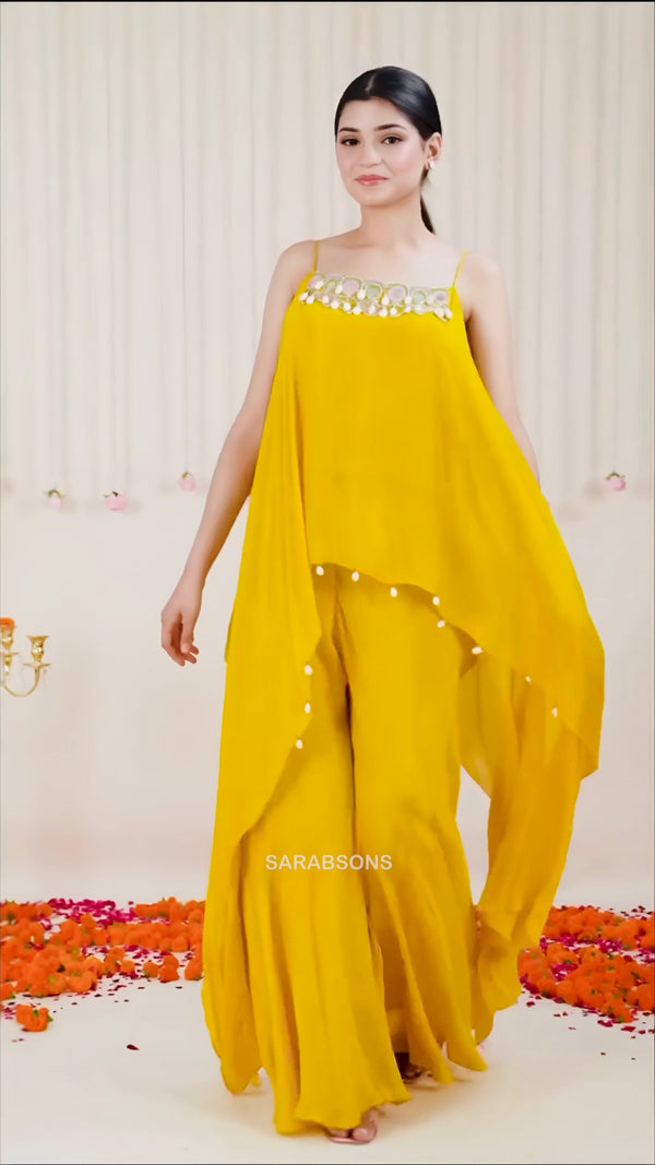 Yellow Indo-Western Spaghetti Strap Short Kurti Palazzo Set
