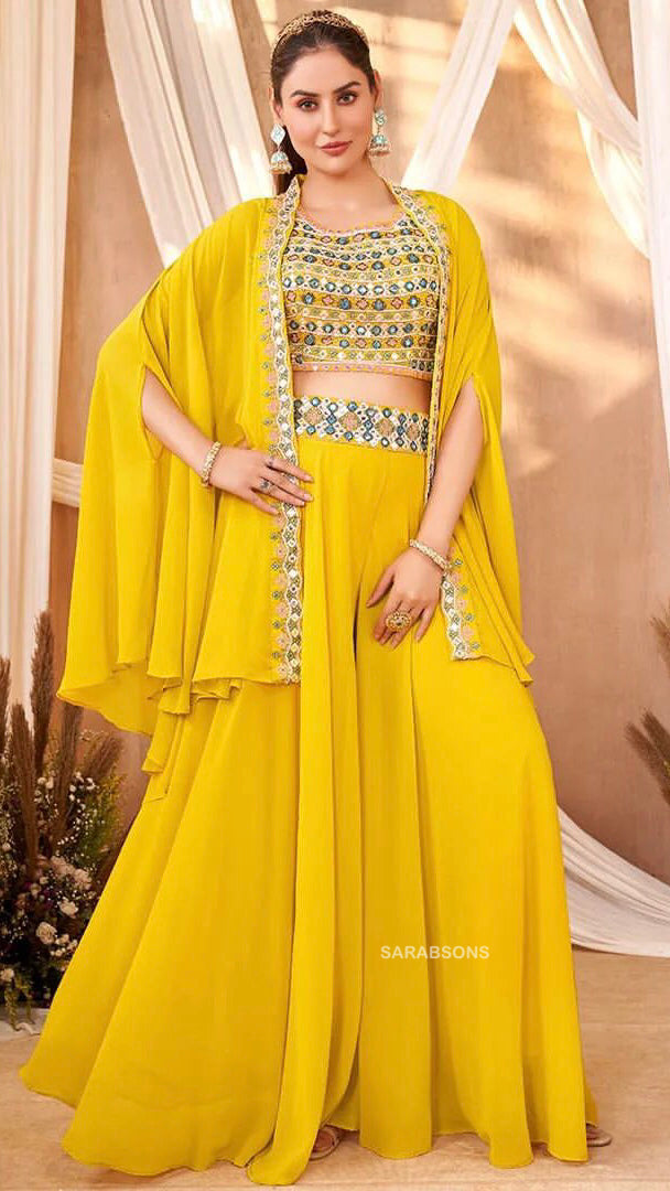 Vibrant Yellow Indo Fusion Crop Top Palazzo Shrug Set in Georgette