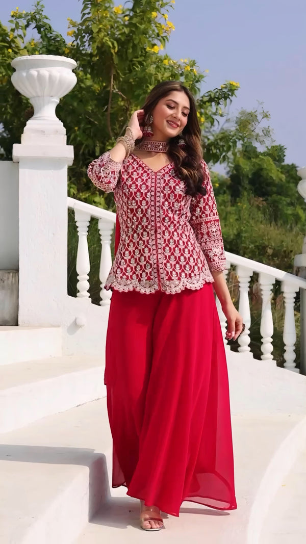 Pink Indowestern Short Kurti Palazzo Set