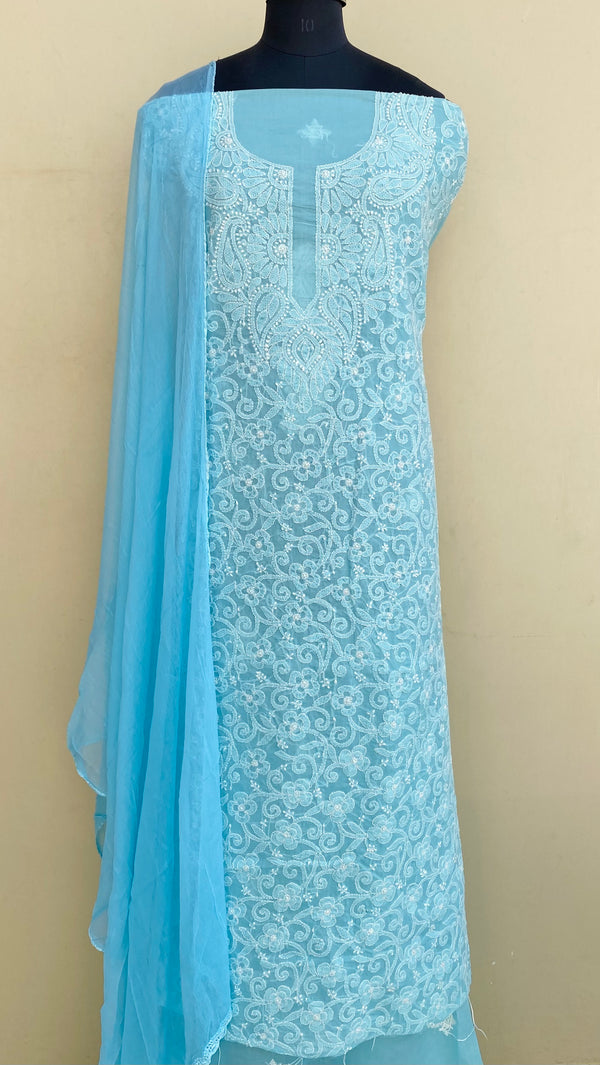 Lucknowi Chikankari Suit Length 3 Piece Blue Cotton