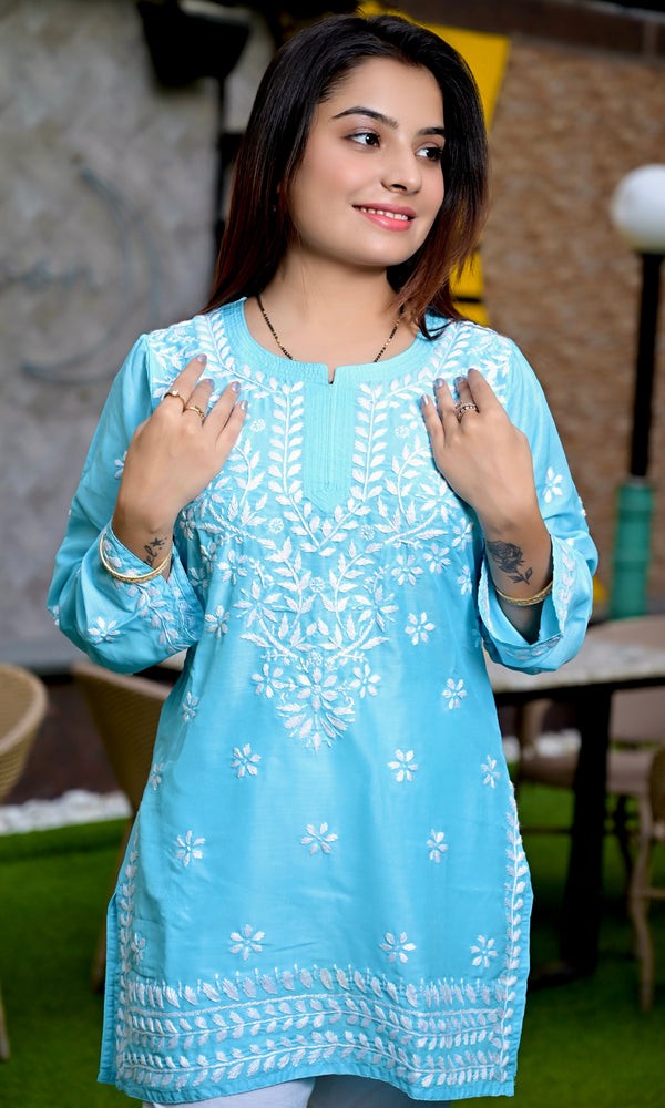 Lucknowi Chikankari Short Kurti Blue Muslin Cotton