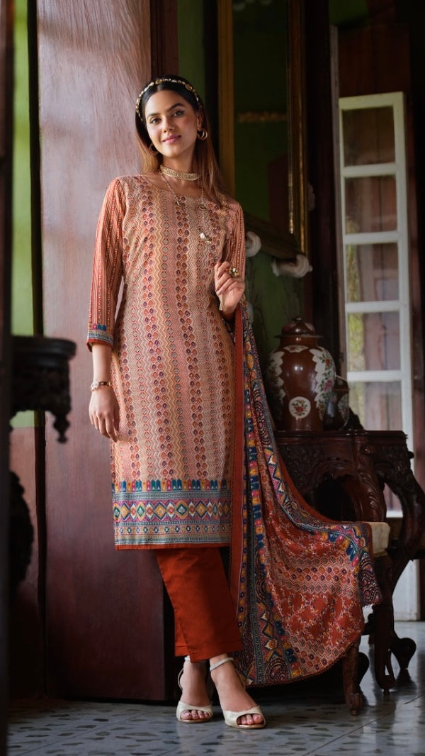 Rust Woollen Suit Length 3 Piece with Woollen Dupatta