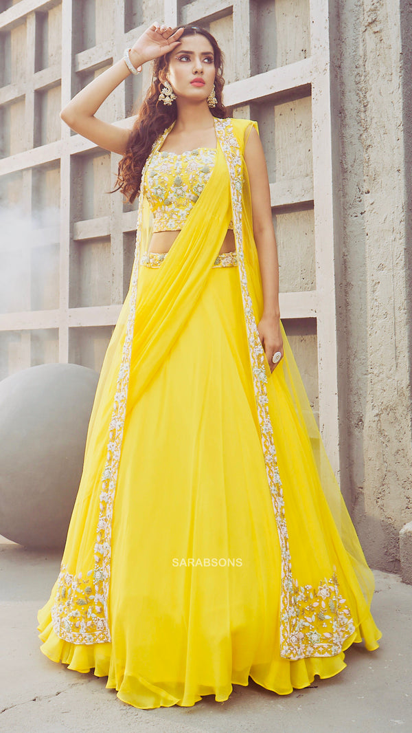 Yellow Indo-Western Crop Top Lehenga Saree with Shrug