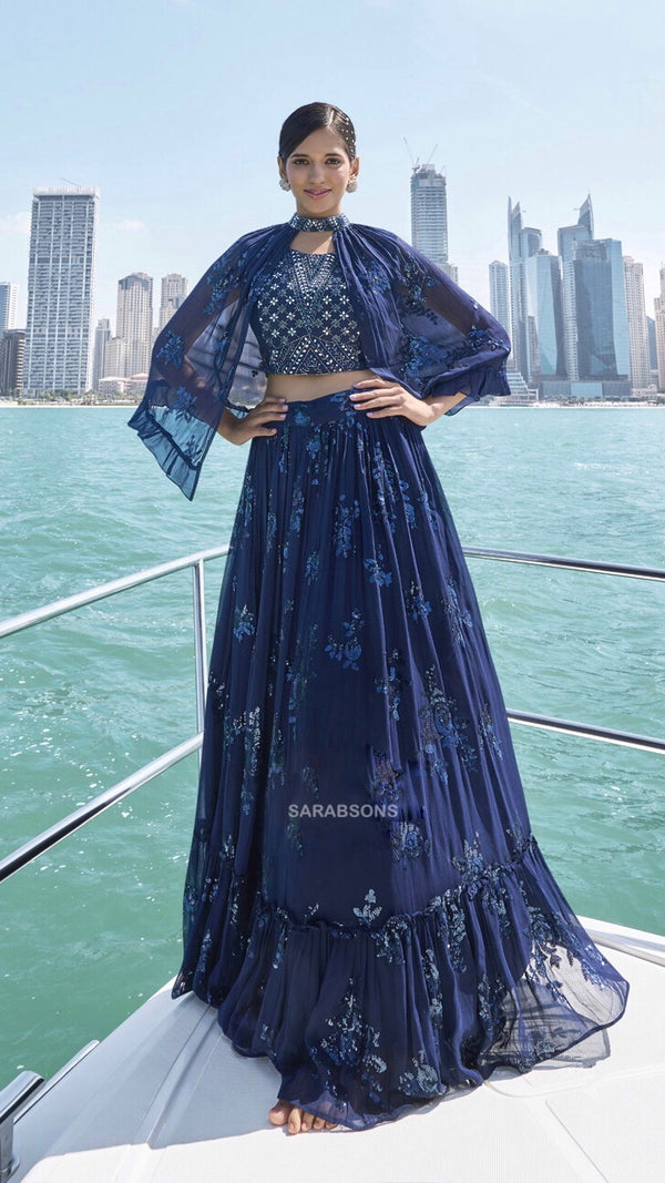 Midnight Blue Indowestern Crop Top Lehenga in Georgette with Choker Cape