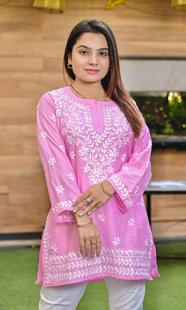 Lucknowi Chikankari Short Kurti Pink Muslin Cotton