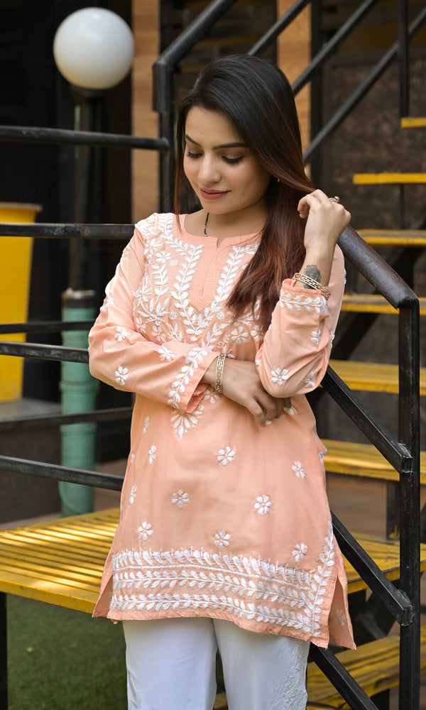 Lucknowi Chikankari Short Kurti Peach Muslin Cotton