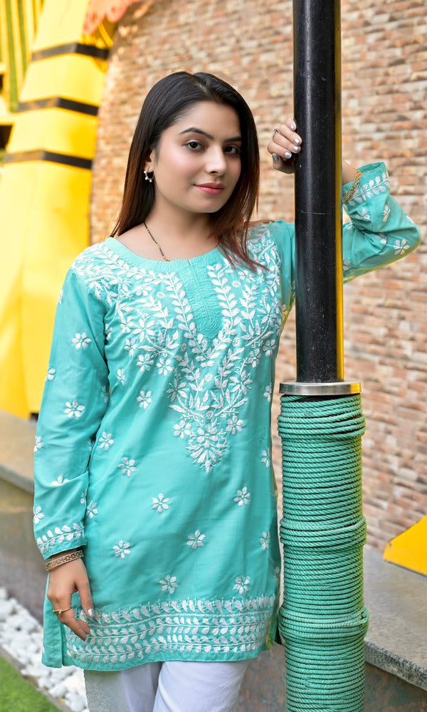 Lucknowi Chikankari Short Kurti Sea Green Muslin Cotton