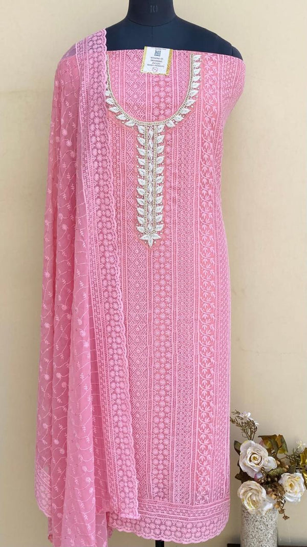 Chikankari Suit Length 3 Piece Pink Georgette With Pearl Work