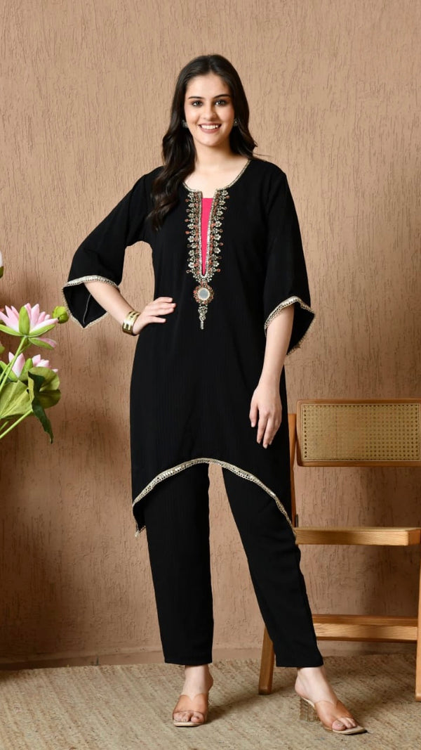 Black Soft Cotton Embroidered Co-ord Set