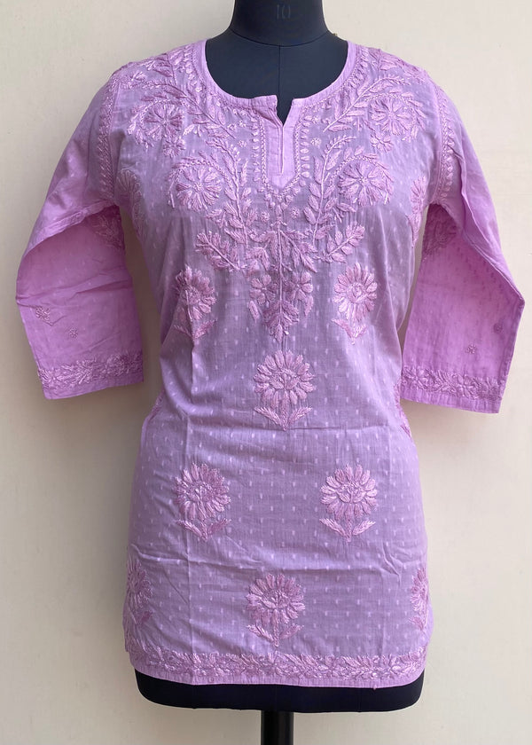 Lucknowi Chikankari Short Kurti Purple Mulmul Cotton With Self Work